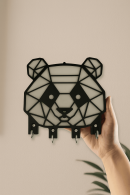 Hand-held, black metal wall keychain with dimensional geometric panda design, decorative hanger with 4 hooks at the bottom.