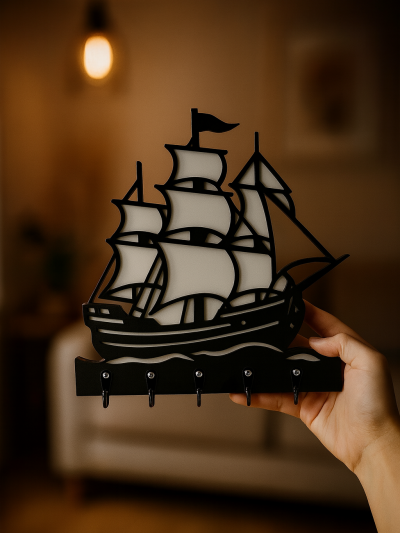 Black wooden wall hanger with hand-held sailing ship figure, multi-hook keychain and accessory hanger