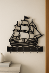 MDF yelkenli gemi temalı siyah duvar askısı, 5 kancalı dekoratif anahtar tutucu