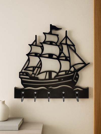 MDF sailing ship themed black wall hanger with 5 hooks