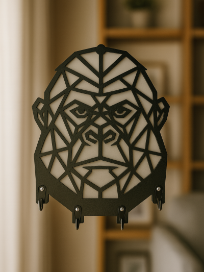 siyah beyaz tonlarda geometrik goril tasarımlı MDF anahtar askılığı, çok kancalı düzenleyici aparat