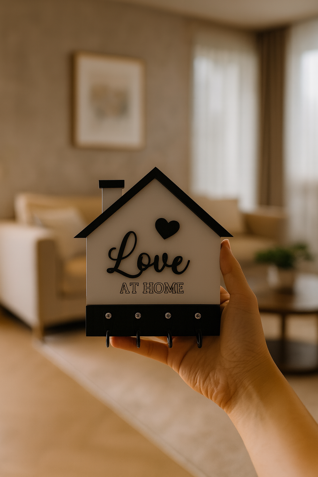 Siyah beyaz MDF ev şeklinde anahtarlık askısı Love At Home yazılı dekoratif duvar anahtarlığı