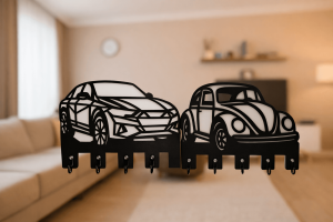 Spor otomobil ve klasik vosvos siluetli el yapımı MDF duvar askılığı