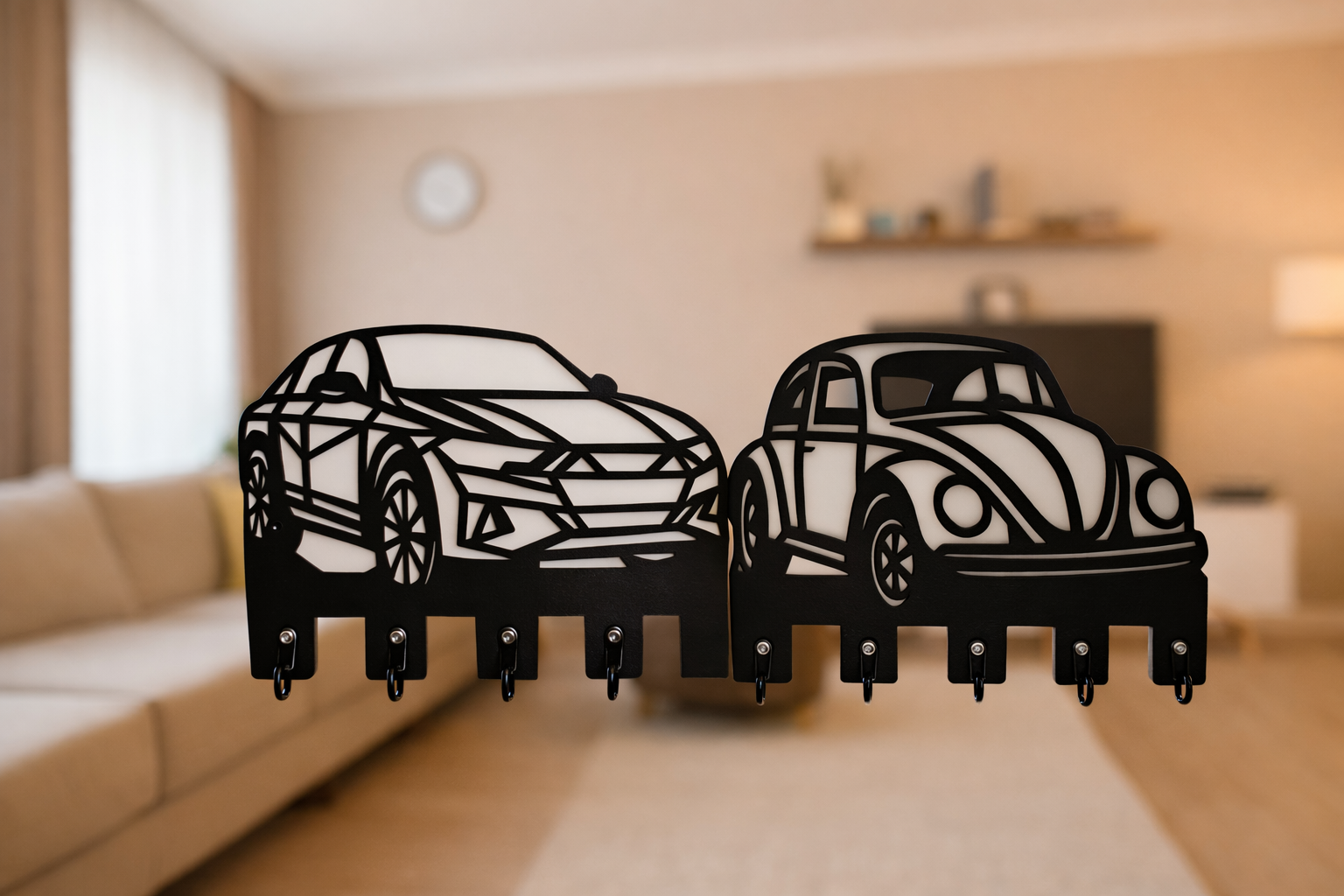Spor otomobil ve klasik vosvos siluetli el yapımı MDF duvar askılığı