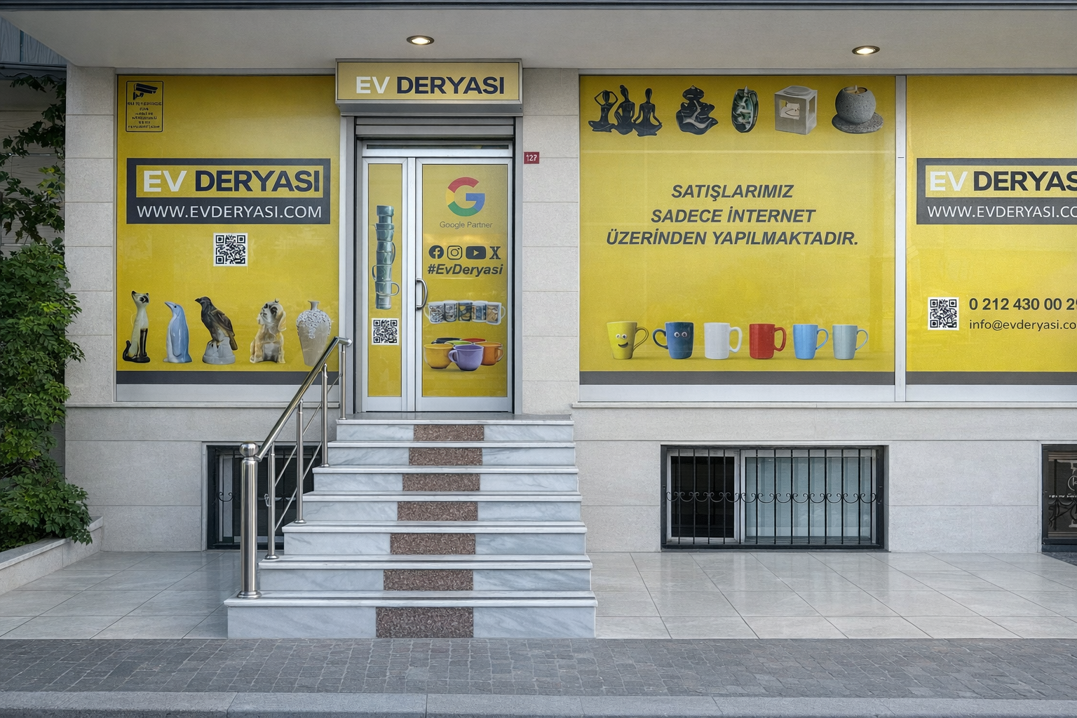 Home Deryası store façade and yellow showcase design exterior view