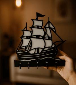 Yelkenli gemi figürlü el yapımı MDF duvar anahtarlık askısığı