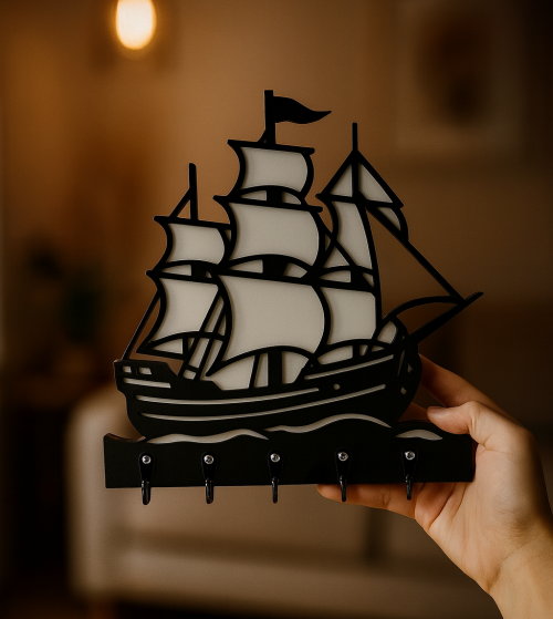 Yelkenli gemi figürlü el yapımı MDF duvar anahtarlık askısığı