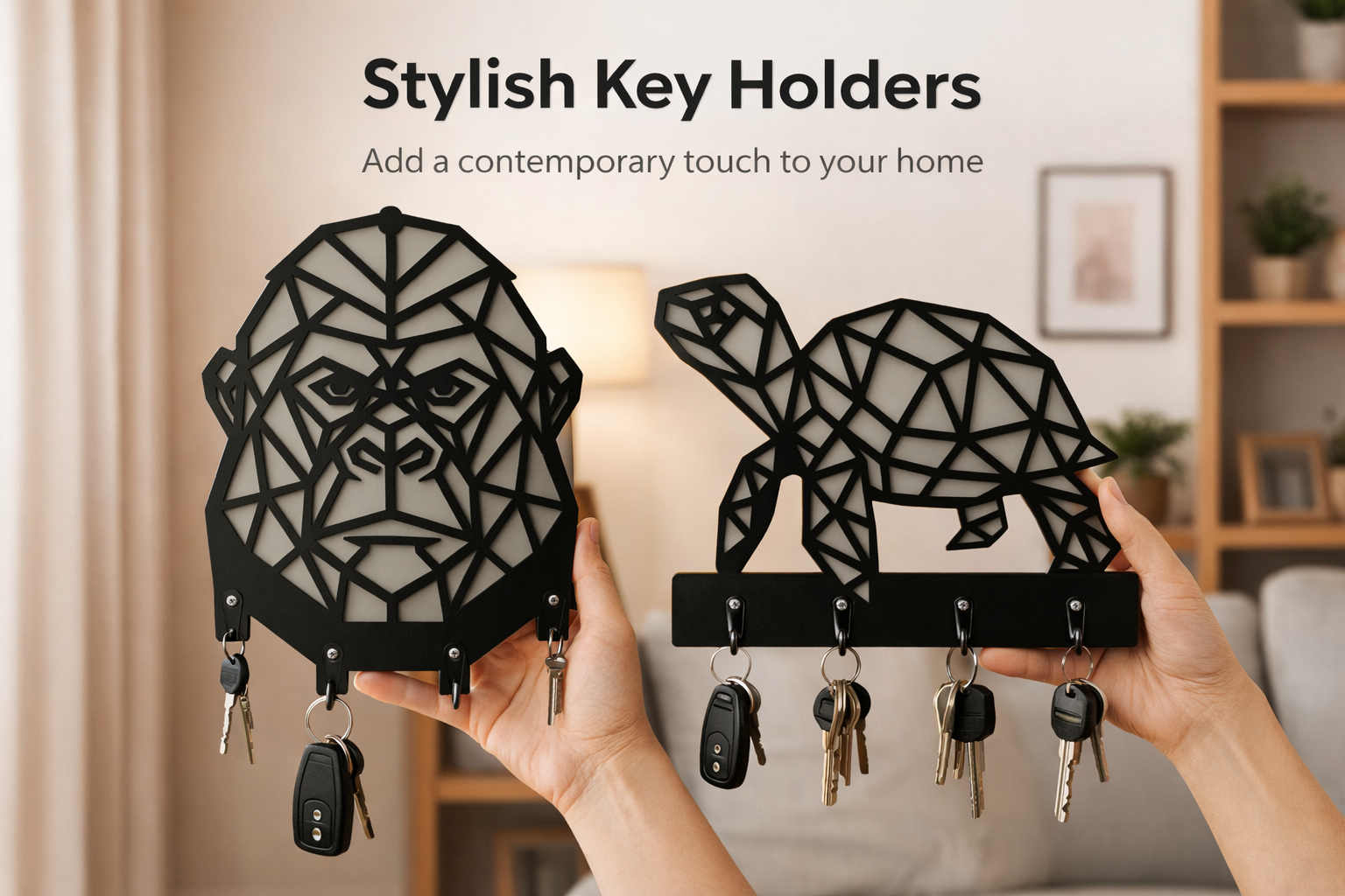 Geometrik goril ve kaplumbağa figürlü el yapımı MDF duvar anahtarlıkları